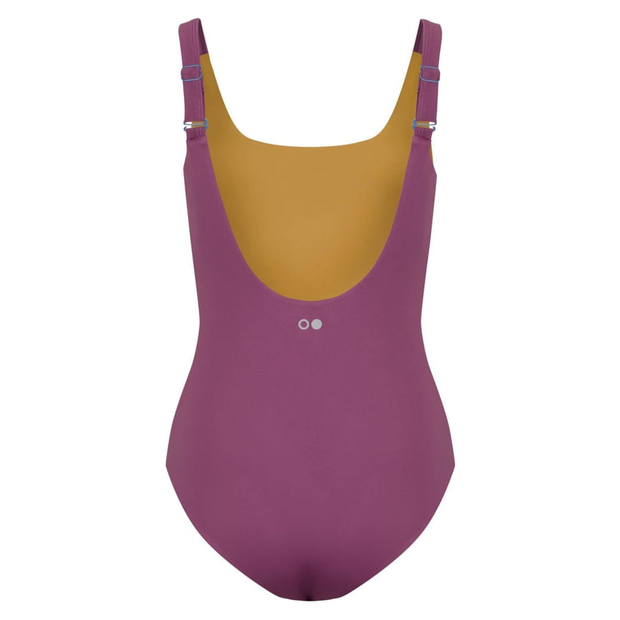boochen eco-friendly swimsuit in lila yellow senf color, sustainable fashion, sustainable swimsuit, yoga, nachhaltige swimsuit im lila Geld, colorblocking